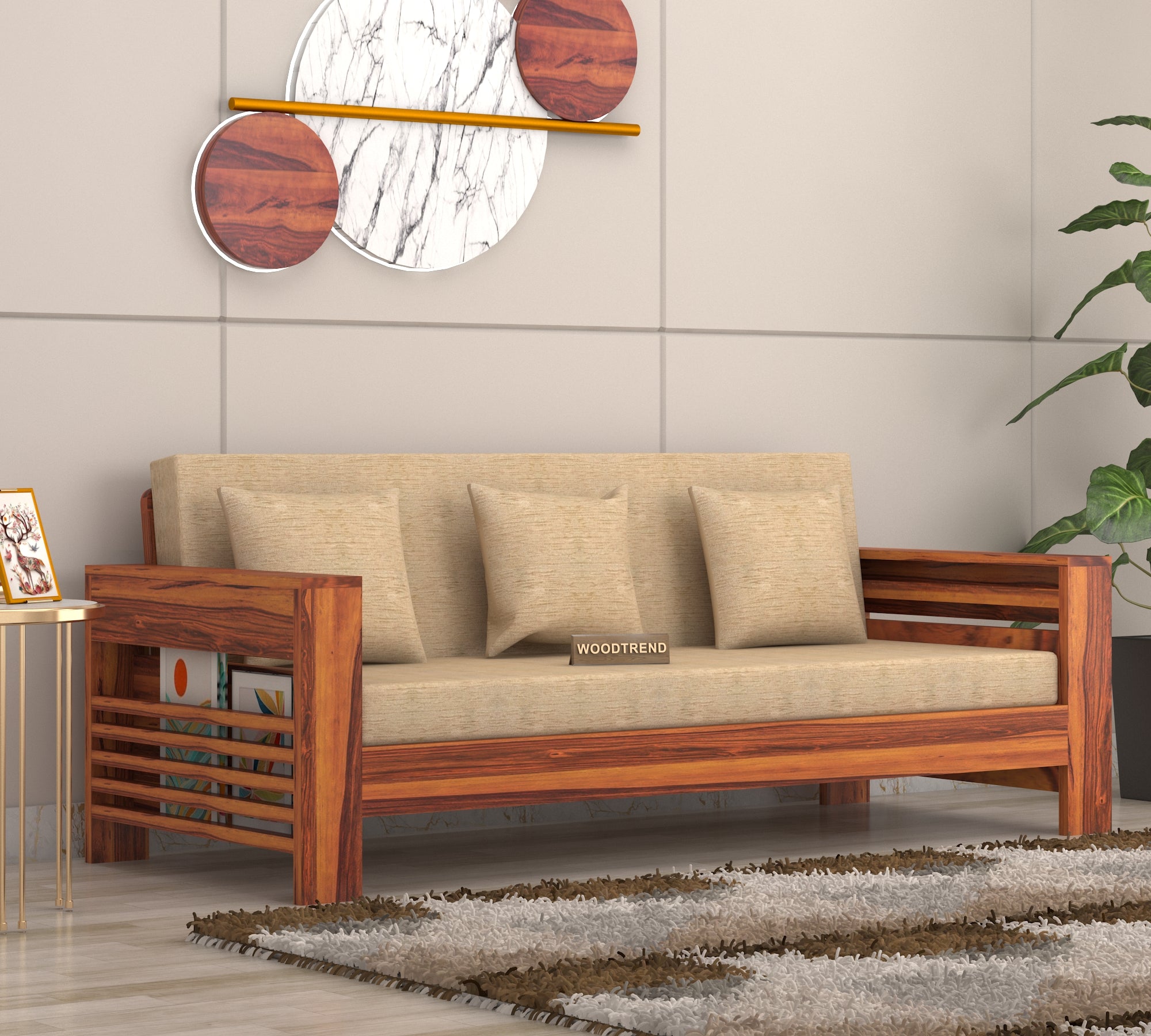 Woodtrend Sofa Set 3 Seater Living Room in Honey Finish