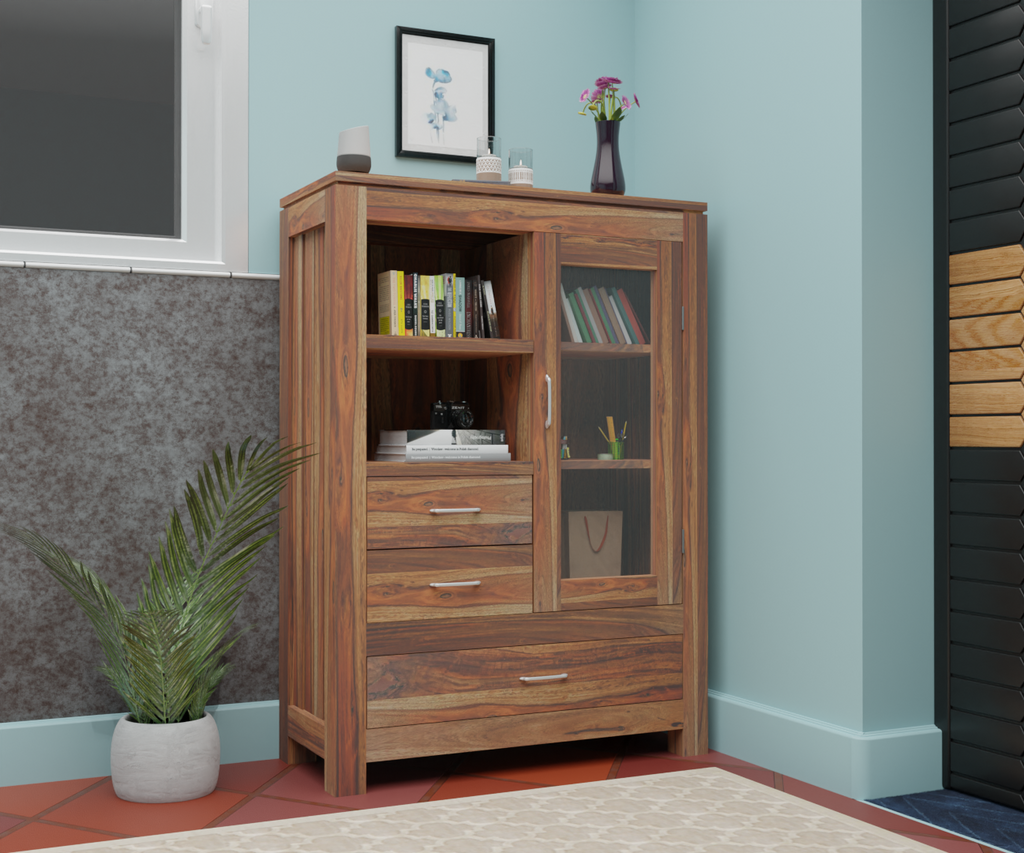 Wood Bookshelf Cabinet With Glass Door natural Finish