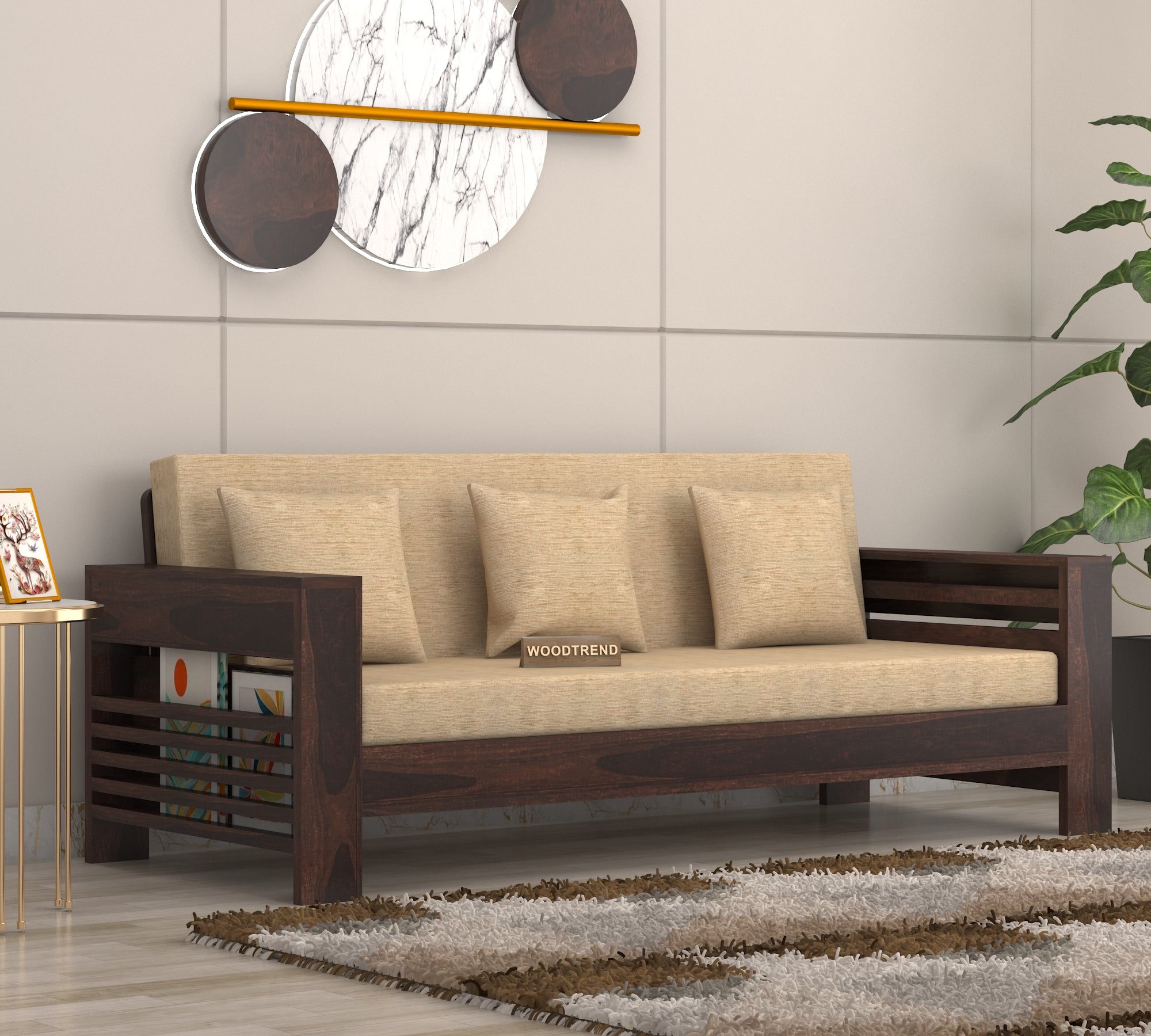 Sofa Set 3 Seater Living Room walnut Finish 3-Person Sofa