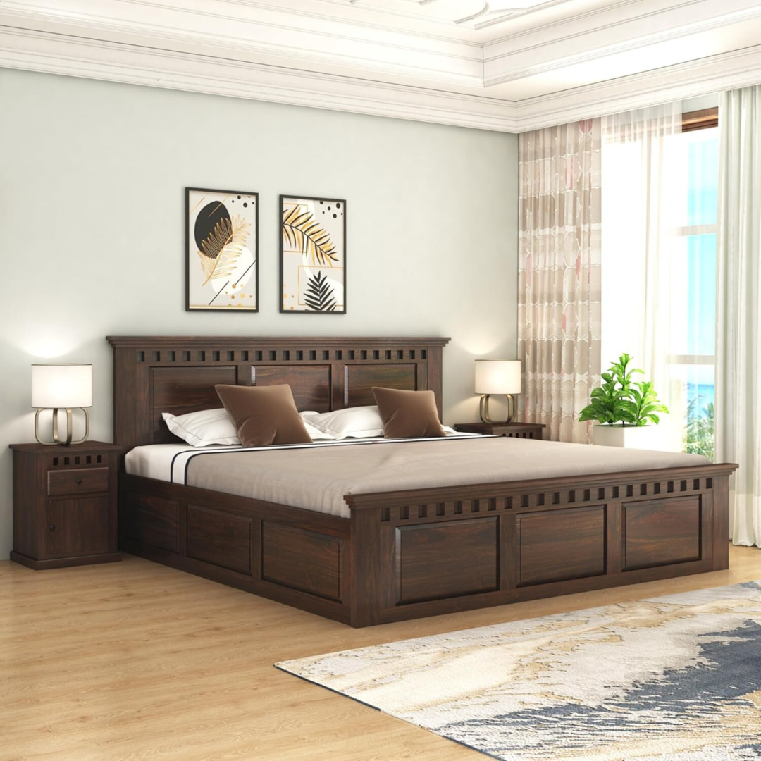 Woodtrend Solid Sheesham Wood King Size Bed with Storage
