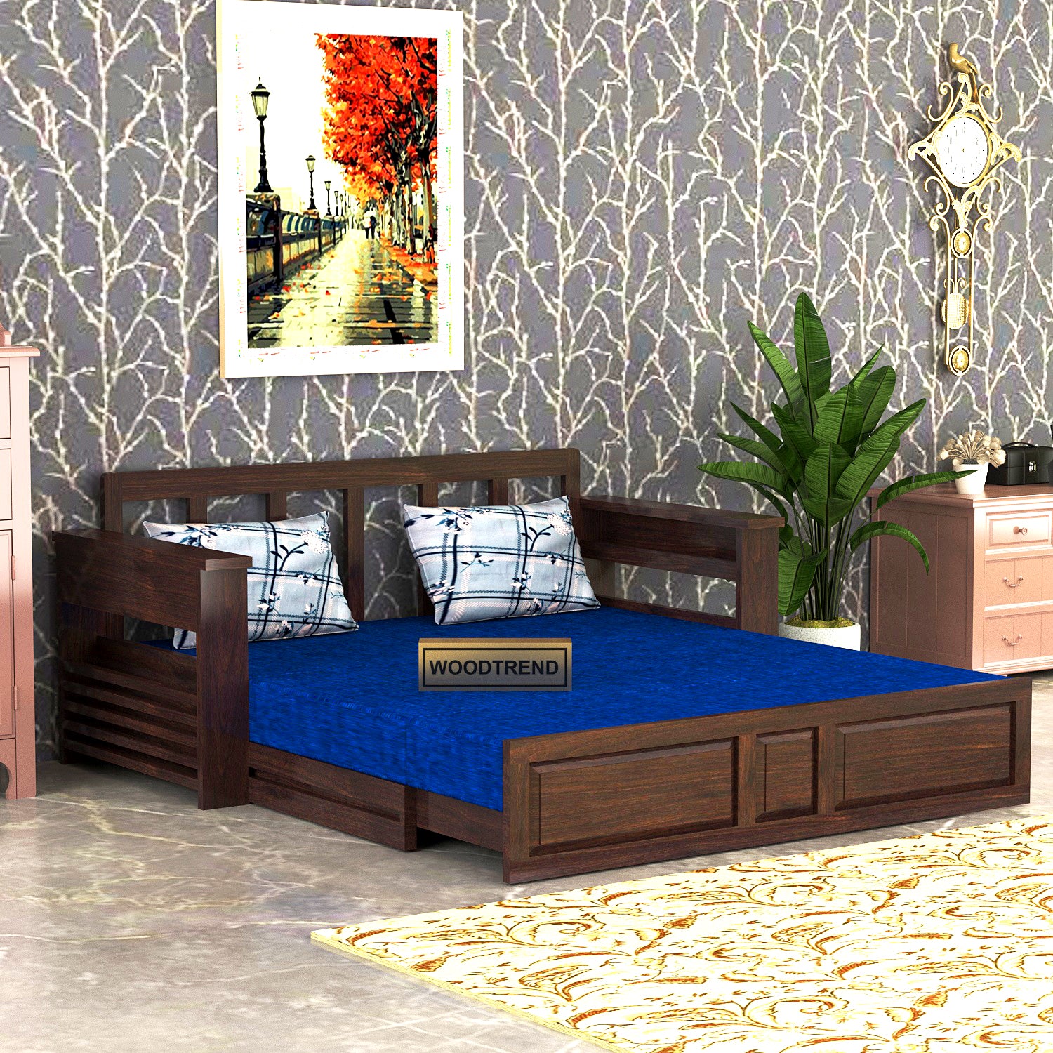 Wooden 3 Seater Sofa cum bed for living room blue colour walnut Finish