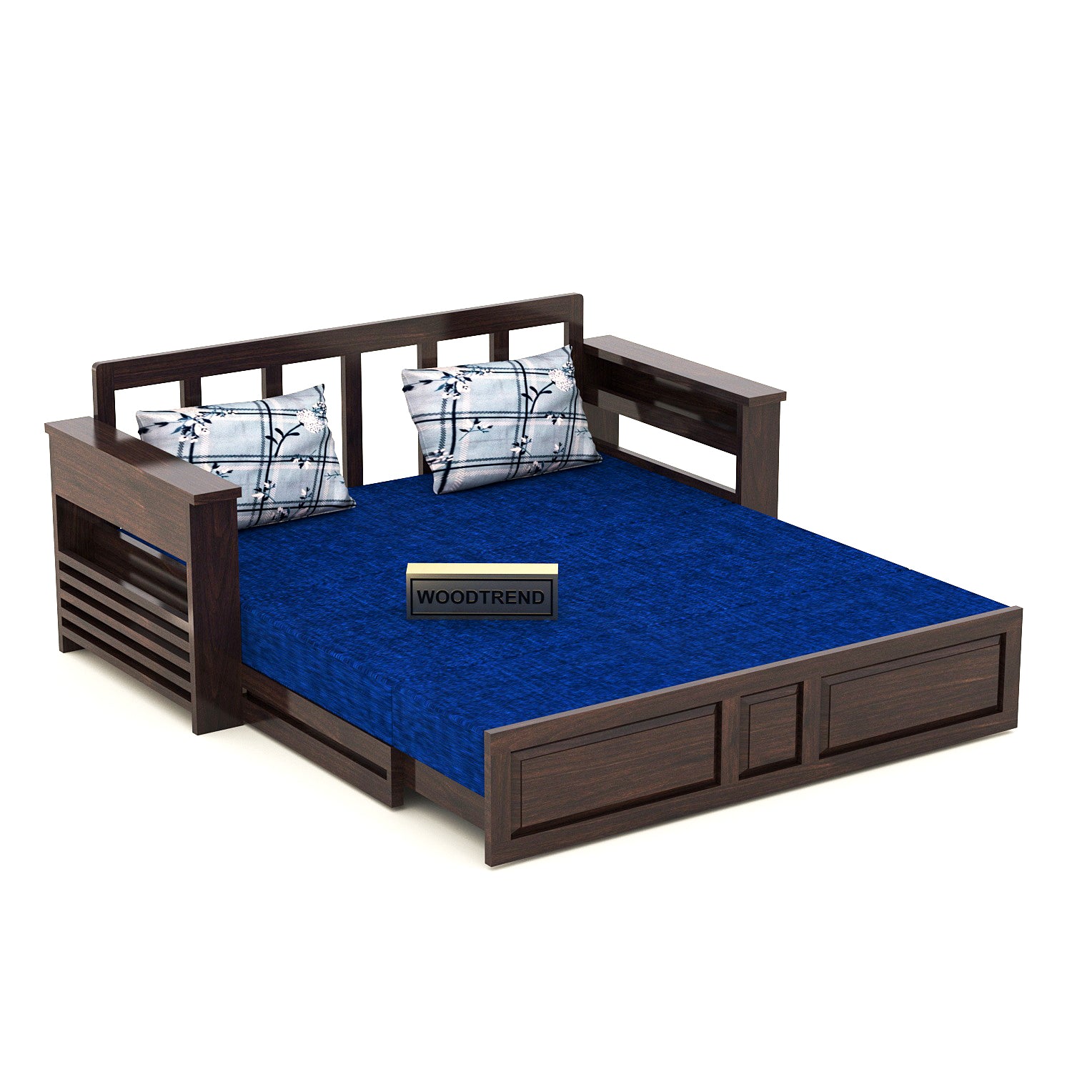 Wooden 3 Seater Sofa cum bed for living room blue colour walnut Finish