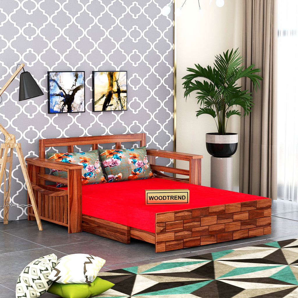 Wooden 2 Seater Sofa cum Bed for Living Room Honey Oak Finish