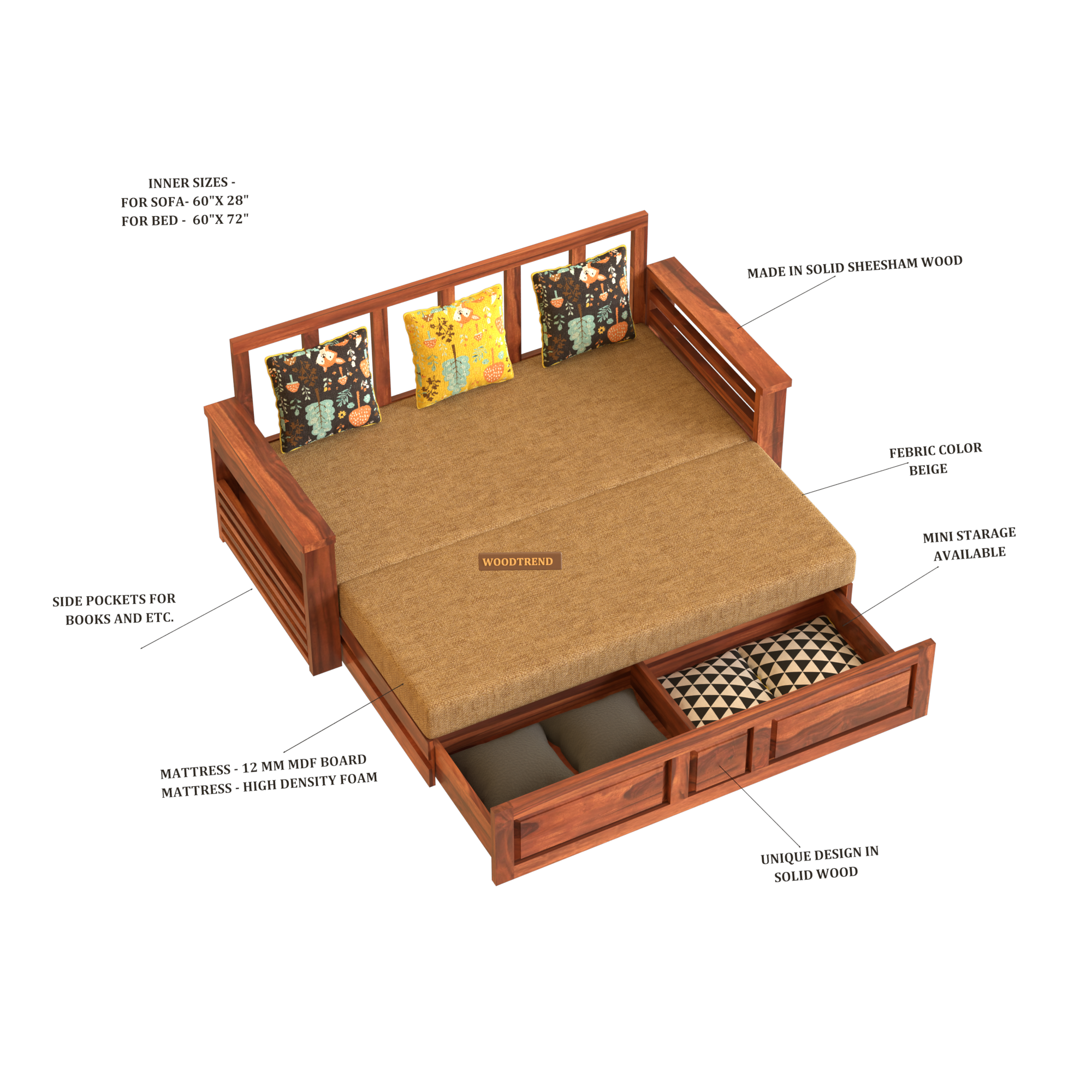 Woodtrend Solid Sheesham Wood 3 Seater Sofa Cum Bed new design