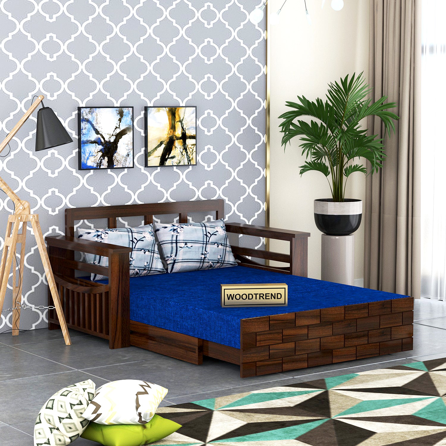 Modern wooden 2 Seater sofa bed for Living Room Walnut Finish