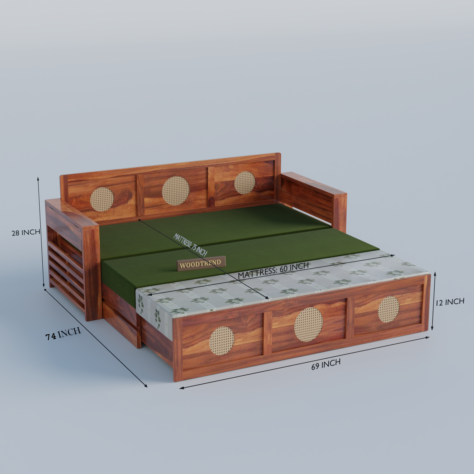 WOODTREND Solid Sheesham Wood 3 Seater Sofa Cum Bed with Mattress (72×60 Inch)