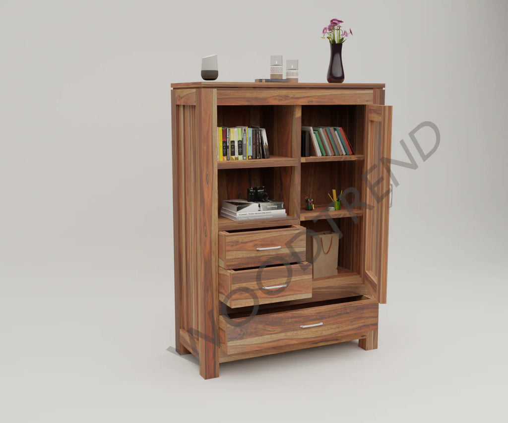 WOODTREND Book Cabinet with Glass Door – Natural Finish | 3 Years Warranty