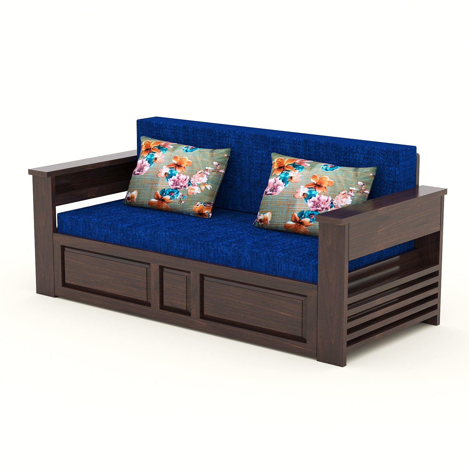 Wooden 3 Seater Sofa cum bed for living room blue colour walnut Finish