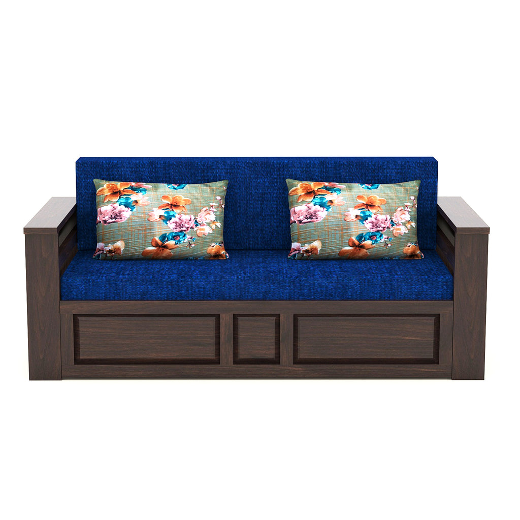 Wooden 3 Seater Sofa cum bed for living room blue colour walnut Finish
