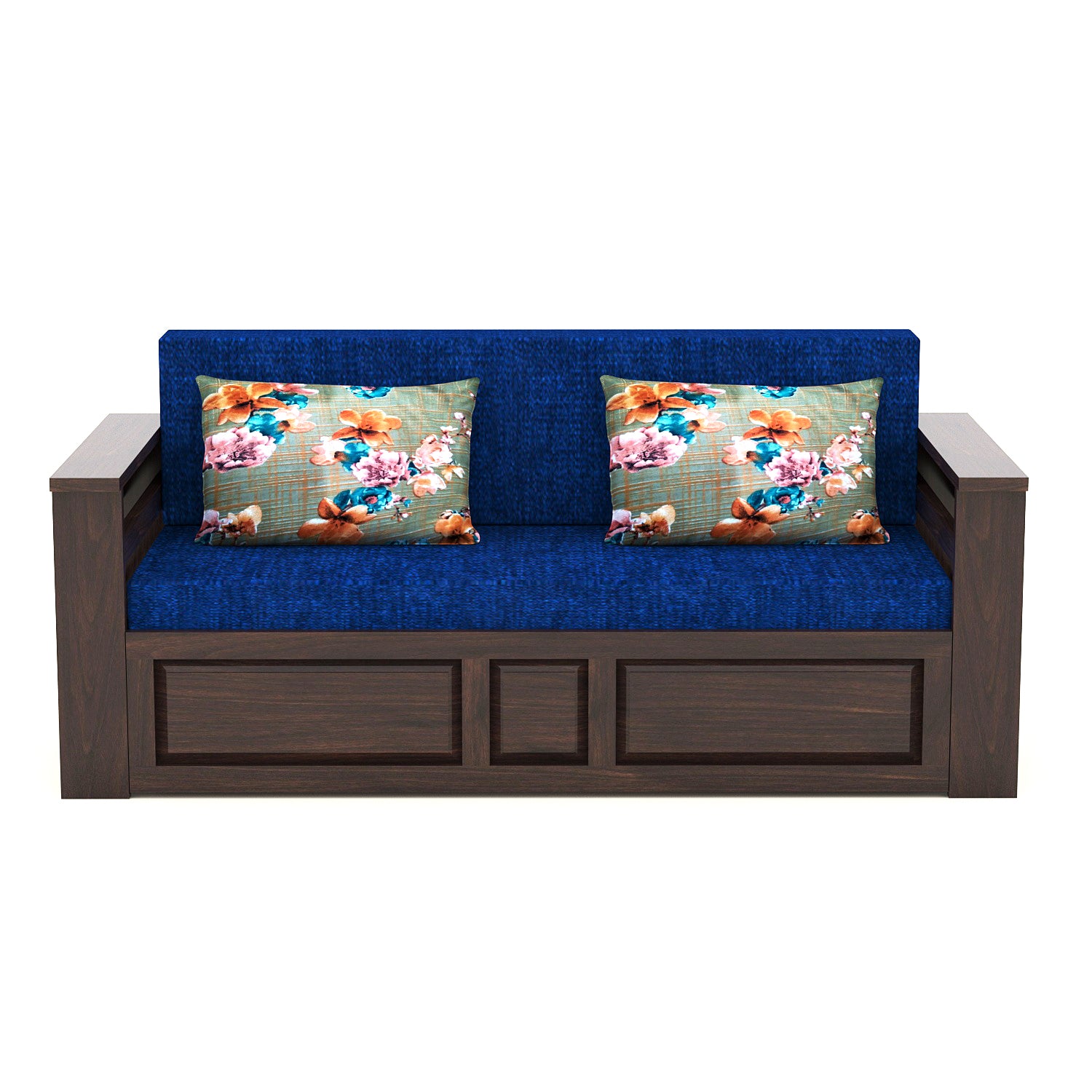 Wooden 3 Seater Sofa cum bed for living room blue colour walnut Finish