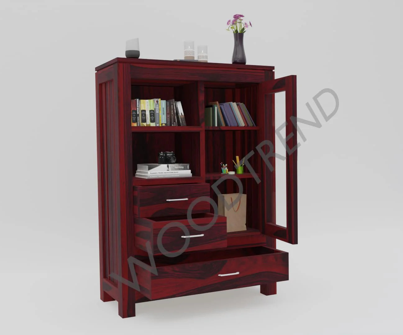 WOODTREND Book Cabinet with Glass Door – Natural Finish | 3 Years Warranty