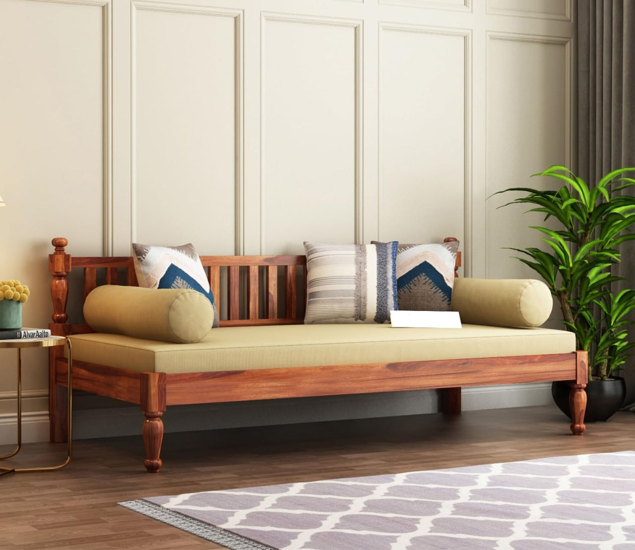 Wooden Couch Diwan Sofa Settee for Living Room and Office | Three 3-Person Sofa | Art Deco, Sheesham Wood | (Natural Teak Finish)