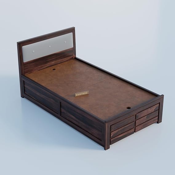 Sheesham Wood Single Size Bed with Drawer Storage and Cushion Headboard for Bedroom In Walnut Finish| 3 Years Warranty