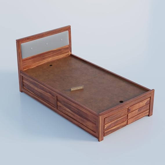 Sheesham Wood Single Size Bed with Drawer Storage and Cushion Headboard for Bedroom In Honey Finish | 3 Years Warranty