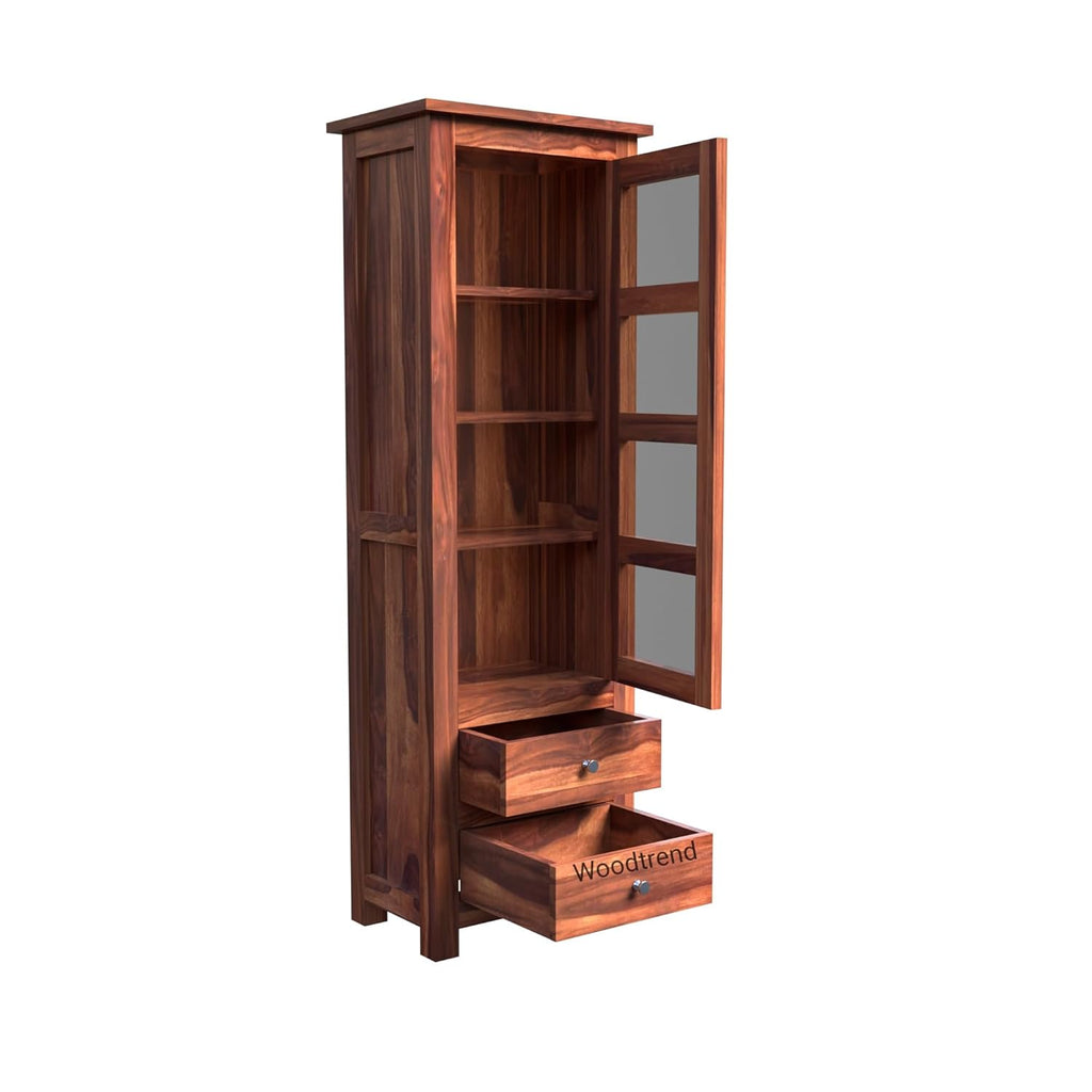 WOODTREND Cabinet with Bookshelf & Glass Door – Honey Finish | 3 Years Warranty