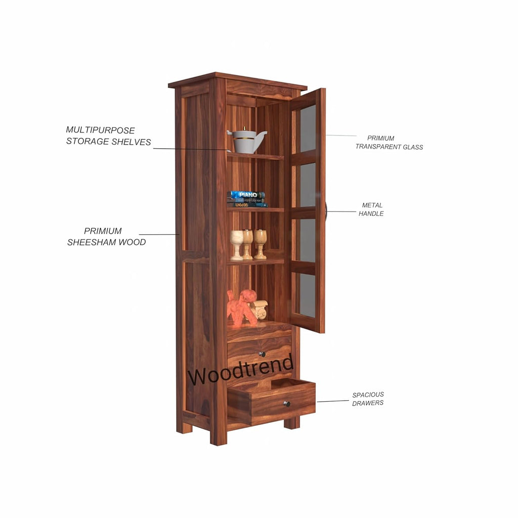 WOODTREND Cabinet with Bookshelf & Glass Door – Honey Finish | 3 Years Warranty