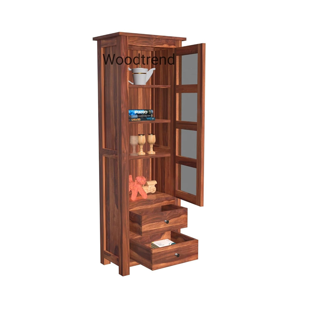 WOODTREND Cabinet with Bookshelf & Glass Door – Honey Finish | 3 Years Warranty