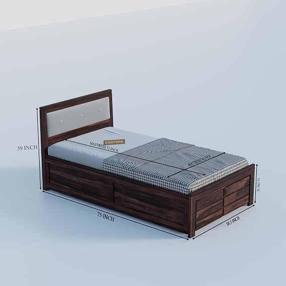 Sheesham Wood Single Size Bed with Drawer Storage and Cushion Headboard for Bedroom In Walnut Finish| 3 Years Warranty