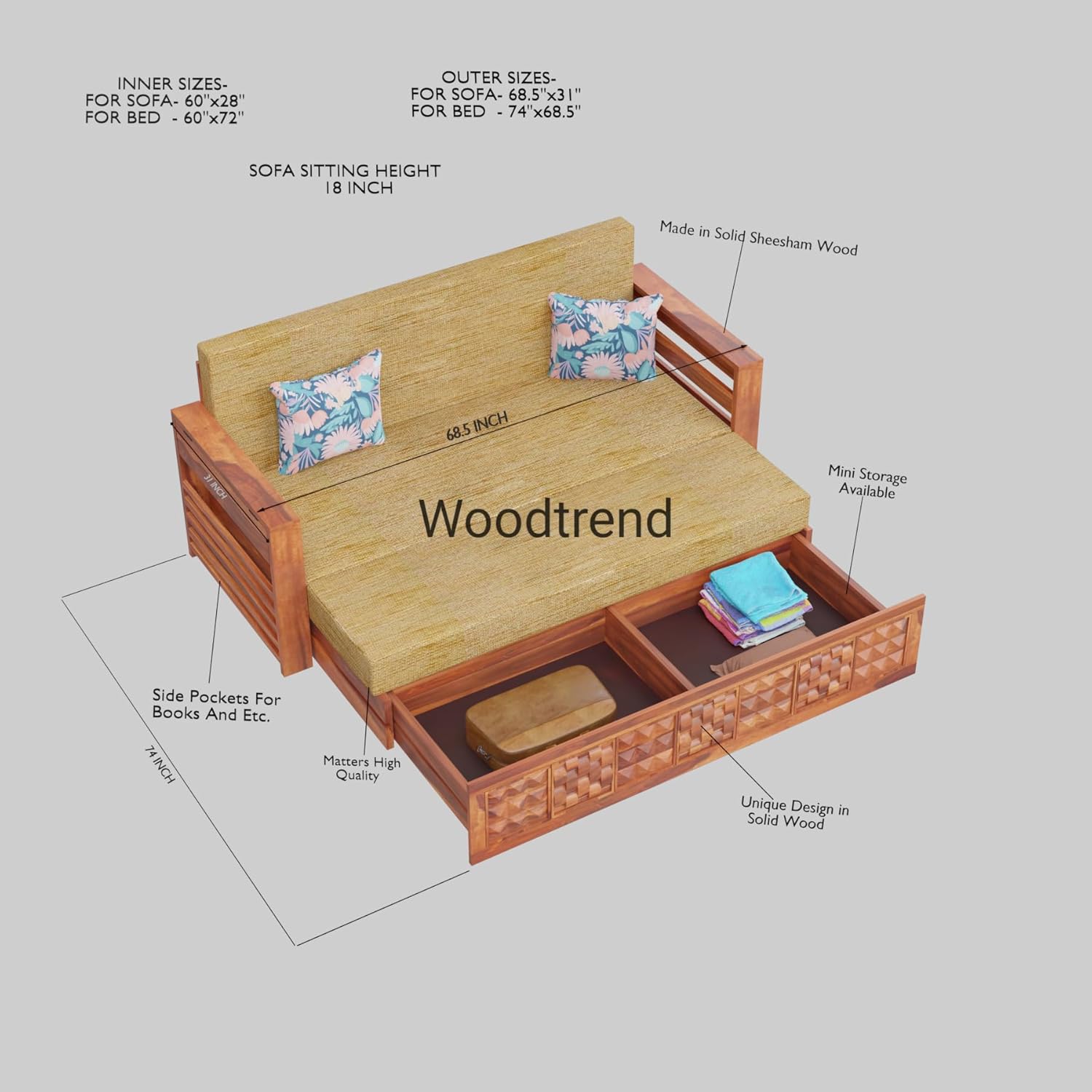 WOODTREND 3 Seater Sofa Cum Bed for Home in Walnut Finish with Storage | 3 Years Warranty