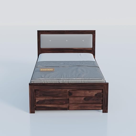 Sheesham Wood Single Size Bed with Drawer Storage and Cushion Headboard for Bedroom In Walnut Finish| 3 Years Warranty