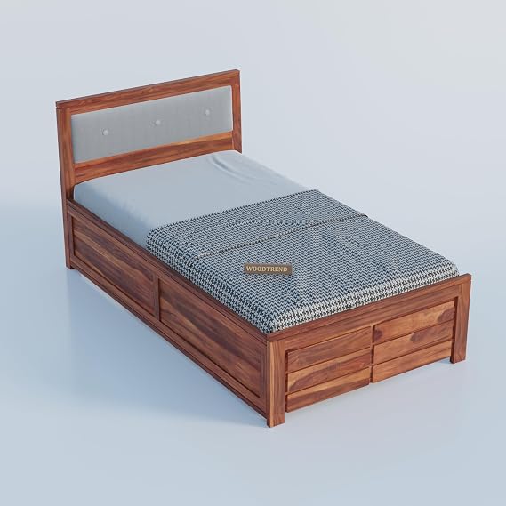 Sheesham Wood Single Size Bed with Drawer Storage and Cushion Headboard for Bedroom In Honey Finish | 3 Years Warranty