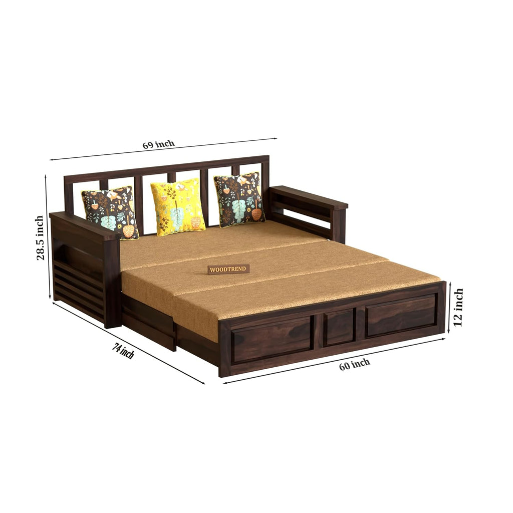 WOODTREND 3 Seater Sofa Cum Bed in Walnut Finish with Storage | 3 Years Warranty