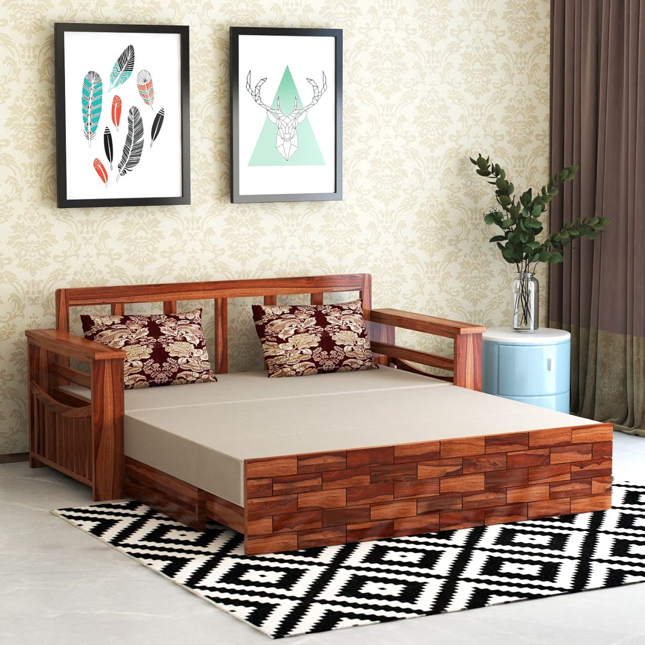 WOODTREND 3 Seater Sofa Cum Bed Honey Finish