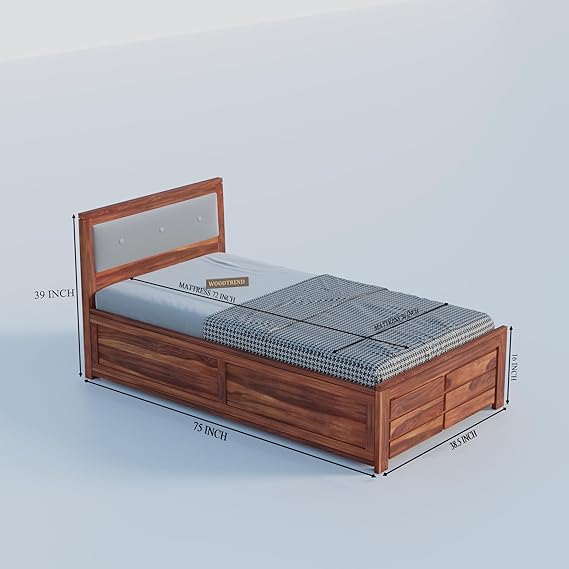 Sheesham Wood Single Size Bed with Drawer Storage and Cushion Headboard for Bedroom In Honey Finish | 3 Years Warranty