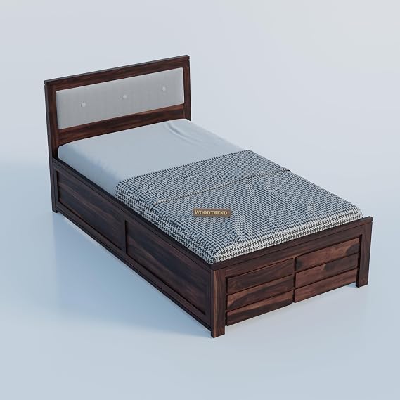 Sheesham Wood Single Size Bed with Drawer Storage and Cushion Headboard for Bedroom In Walnut Finish| 3 Years Warranty