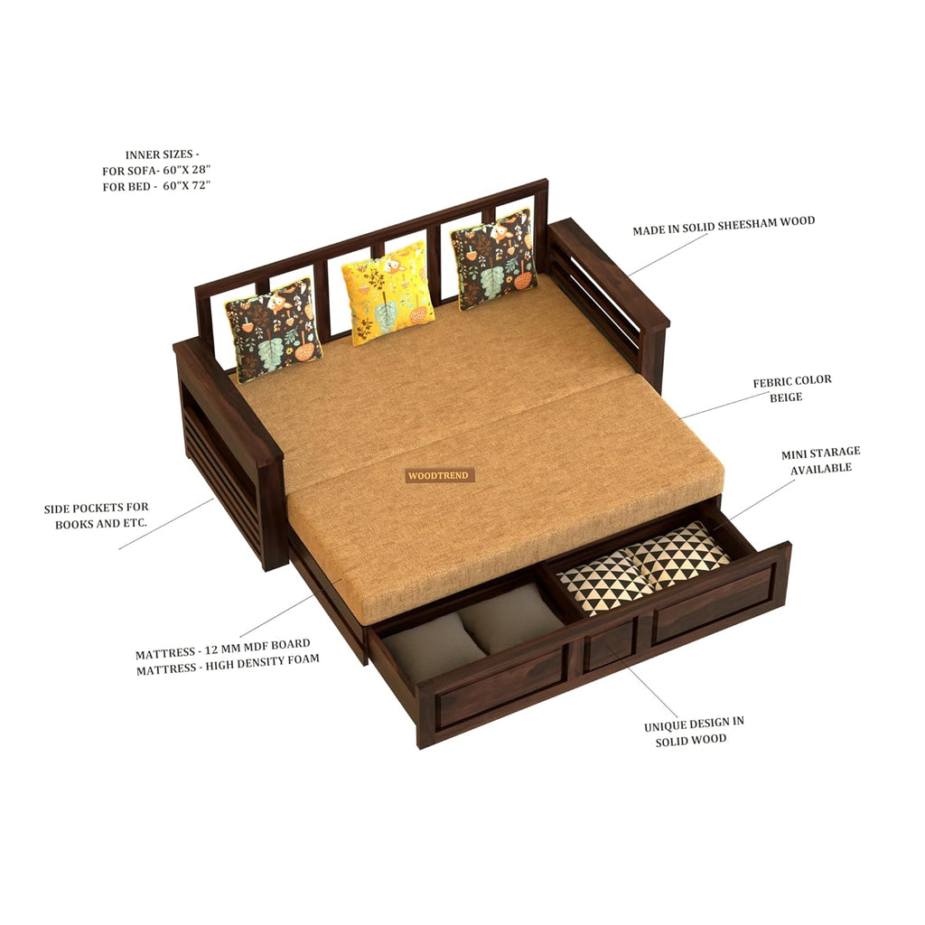 WOODTREND 3 Seater Sofa Cum Bed in Walnut Finish with Storage | 3 Years Warranty