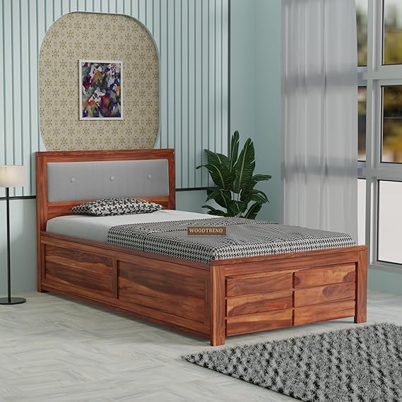 Sheesham Wood Single Size Bed with Drawer Storage and Cushion Headboard for Bedroom In Honey Finish | 3 Years Warranty