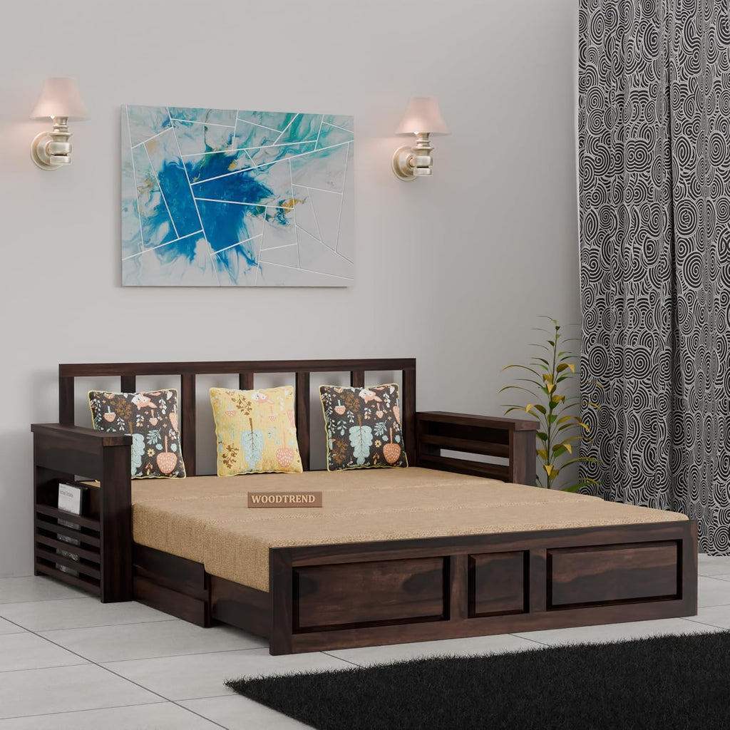 WOODTREND 3 Seater Sofa Cum Bed in Walnut Finish with Storage | 3 Years Warranty
