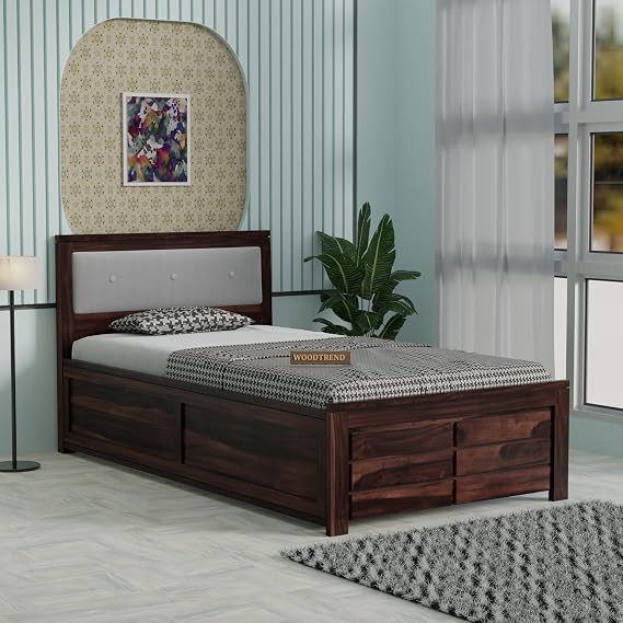 Sheesham Wood Single Size Bed with Drawer Storage and Cushion Headboard for Bedroom In Walnut Finish| 3 Years Warranty