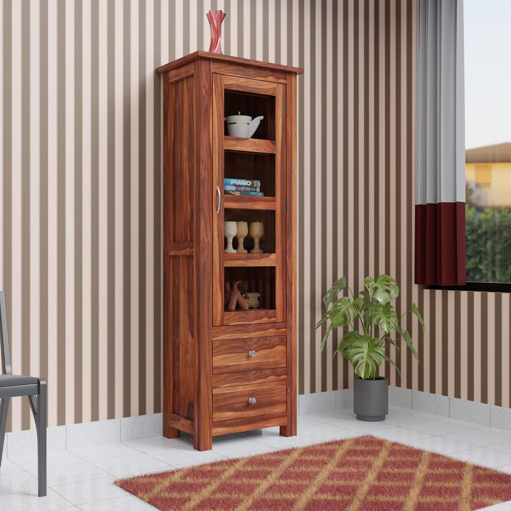 WOODTREND Cabinet with Bookshelf & Glass Door – Honey Finish | 3 Years Warranty