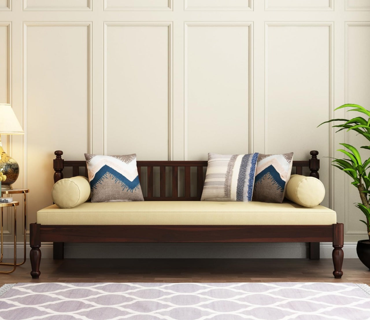 Wooden Couch Diwan Sofa Settee for Living Room and Office | Three 3-Person Sofa | Art Deco, Sheesham Wood | (Natural Teak Finish)