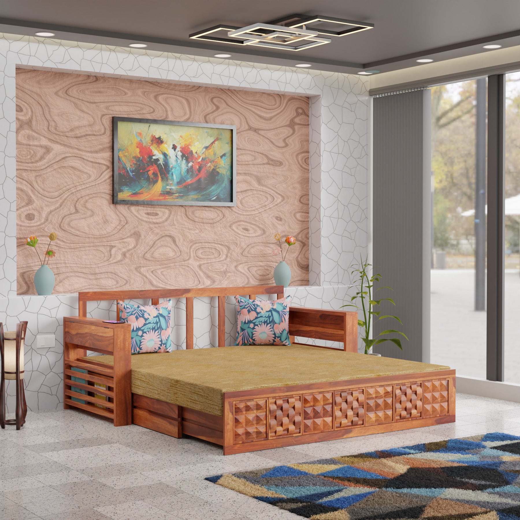 3 Seater Sofa cum Bed with storage for Bedroom | Honey Finish