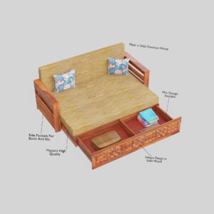 3 Seater Sofa cum Bed with storage for Bedroom | Honey Finish