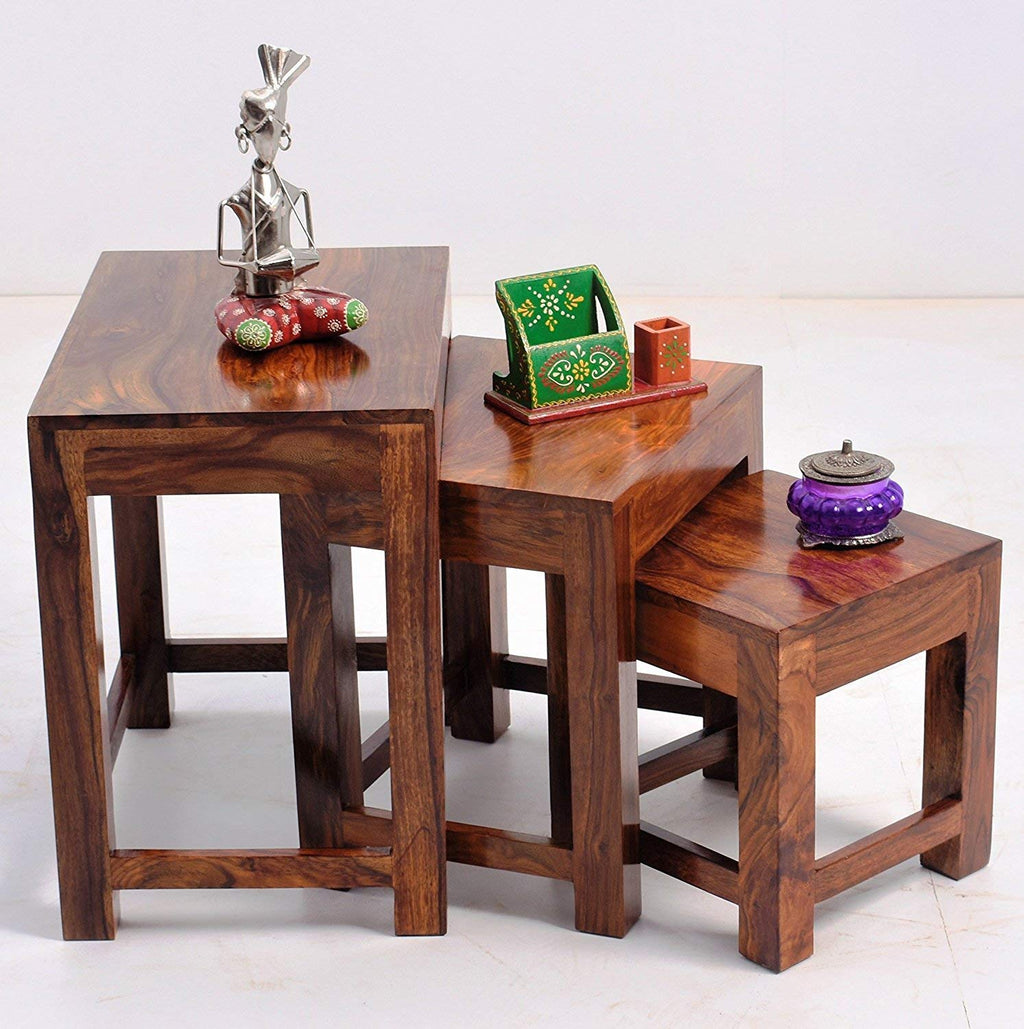 Woodtrend Sheesham Wood Nesting Table Set of 3 Stools