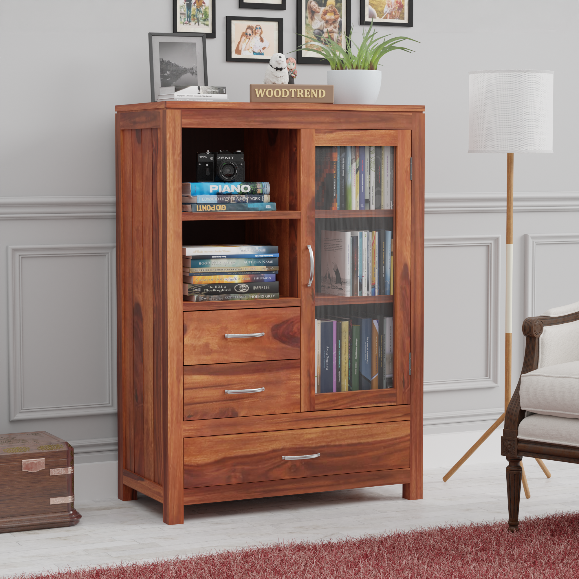Book Cabinet With Glass Door | Natural finish