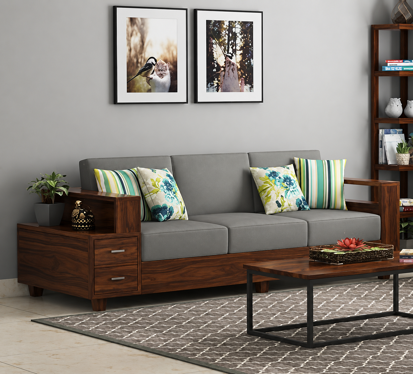 WOODTREND 3 Seater Sofa with 2 Shelf Drawers for Living Room | 3 Years Warranty